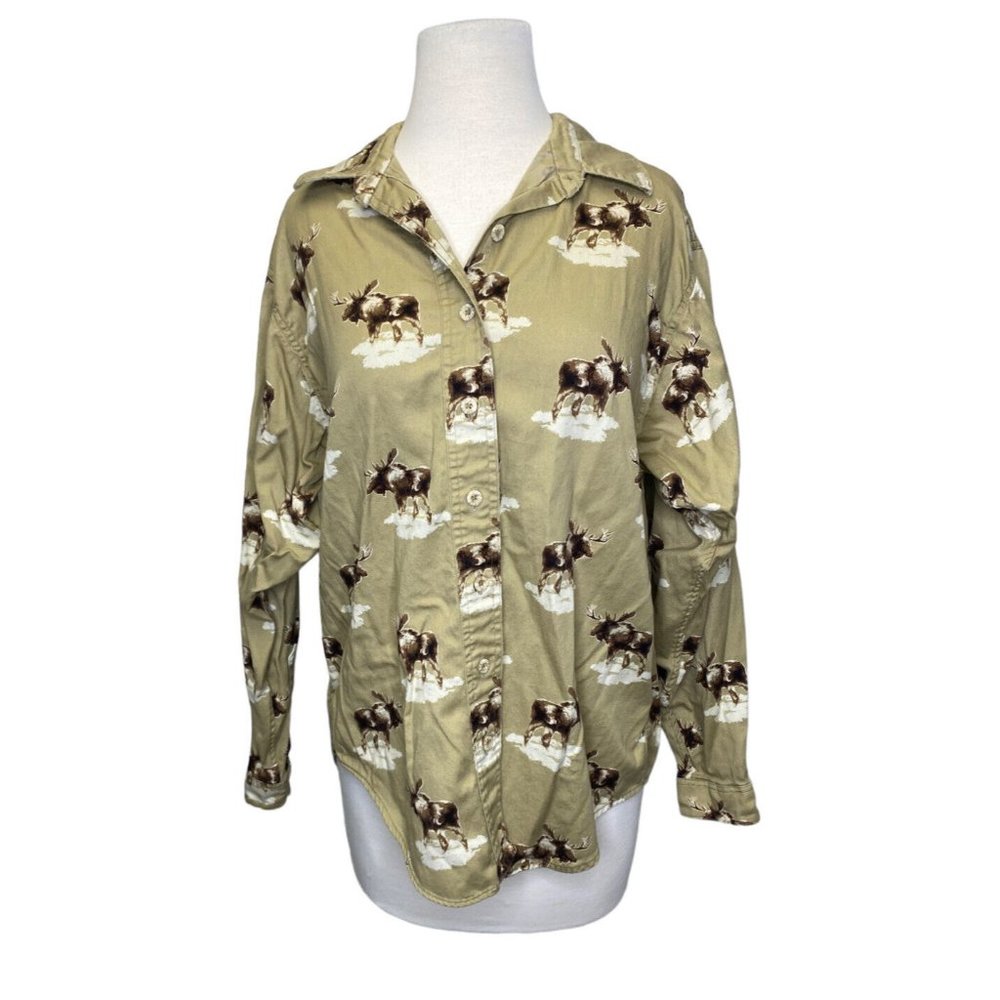 Barn Fly Women’s Medium Shirt Moose‎ Print Tan Brown Long Sleeve Top Collar